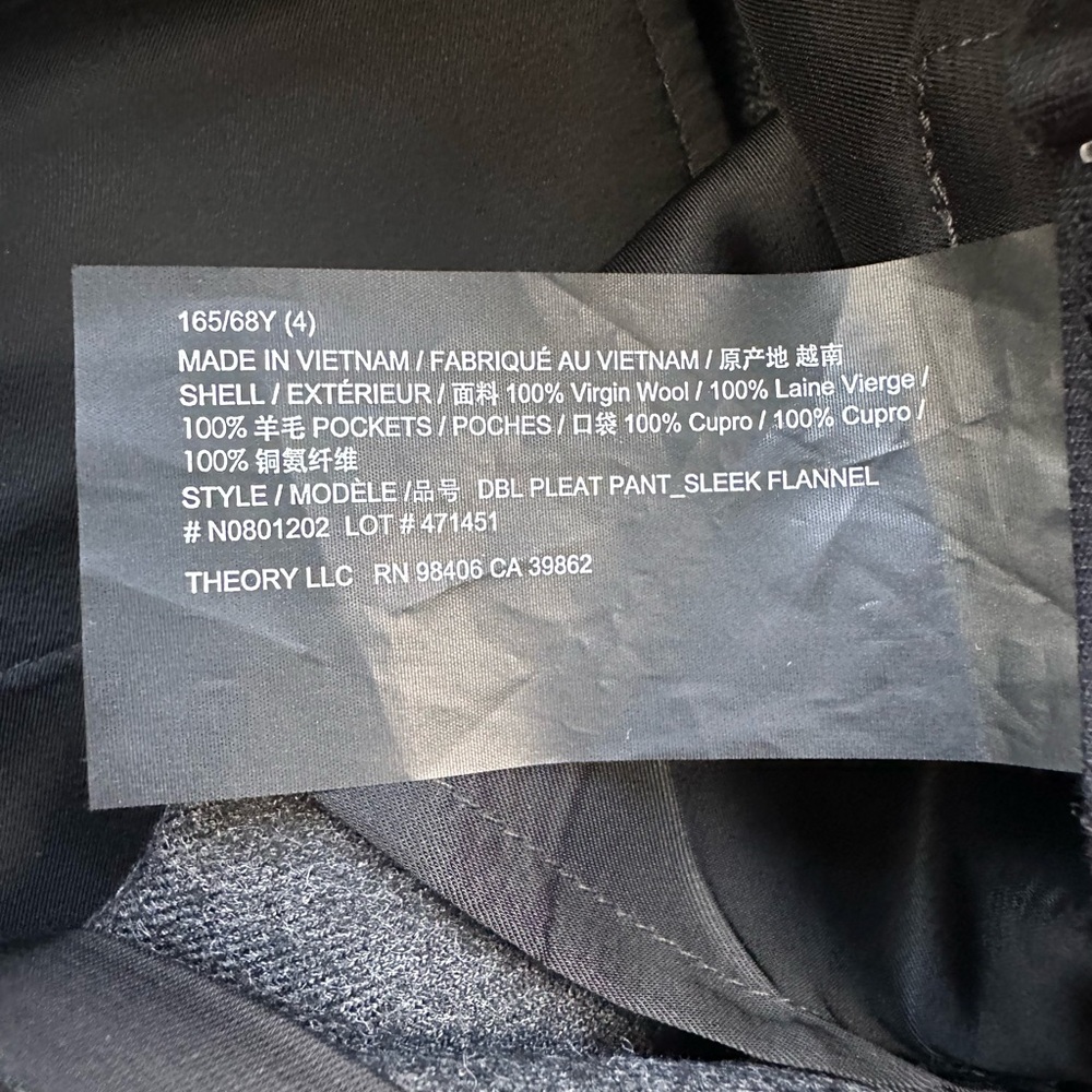 Theory Double Pleat Pant Sleek Virgin Wool Flannel Charcoal Gray Size 4 Wide Leg - Picture 6 of 11